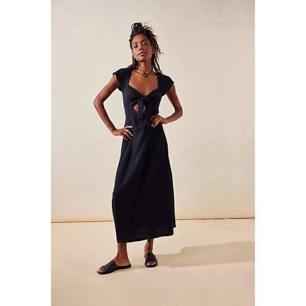 NEW FREE PEOPLE EST Sz M NALANI MIDI TIE FRONT CUT OUT DRESS BLACK - Picture 1 of 3